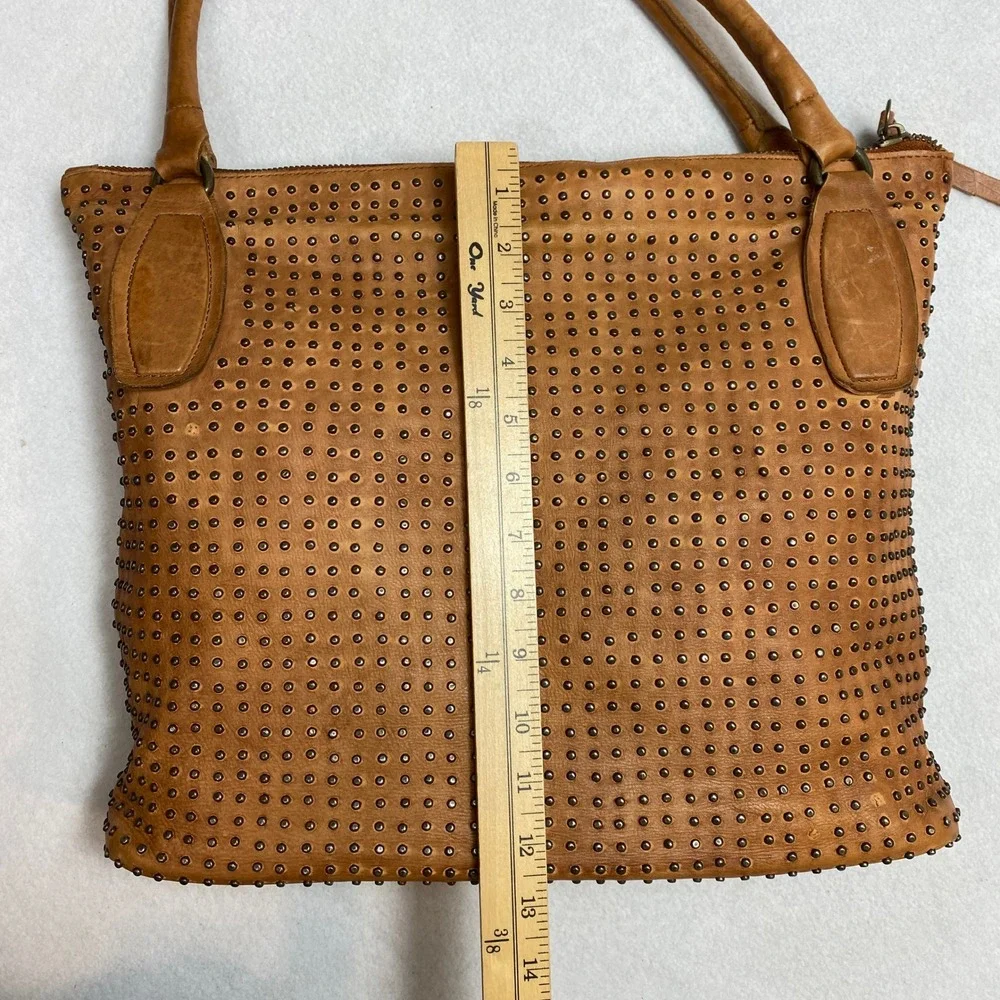 Platania Brown Leather Studded Double Handles Large Tote Shoulder Bag - Italy